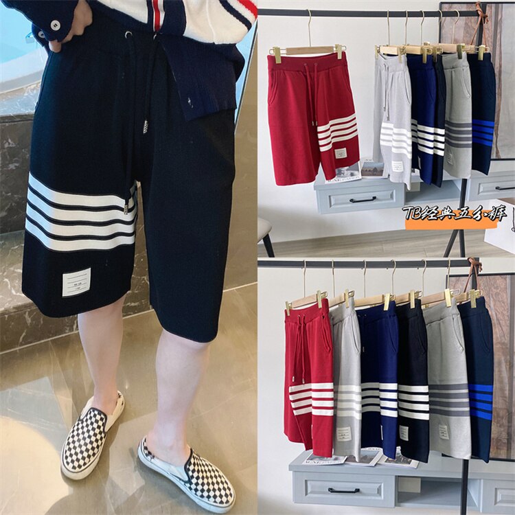 Summer TB striped shorts four bars ice linen knitted five-point pants all-match sports pants men and womenthe same style
